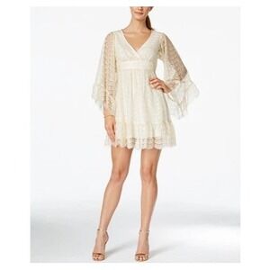Betsey Johnson Womens Ivory & Gold Chantelle Lace Boho Flare Slv Mini Dress Sz 6